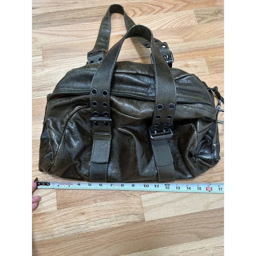 Y2K Francesco Biasia Distressed Leather Satchel Bag Olive Green Grunge